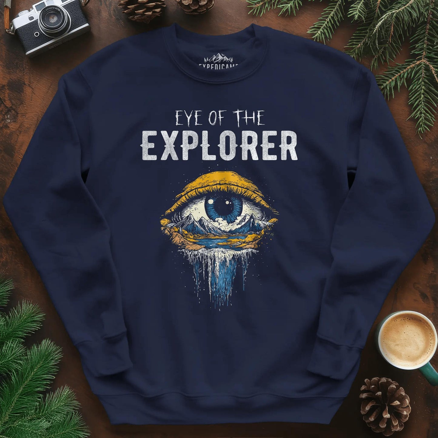 Eye of the Explorer Sweatshirt – Navy – Outdoor apparel for travel, hiking, camping, and nature lovers – ExpediCamp