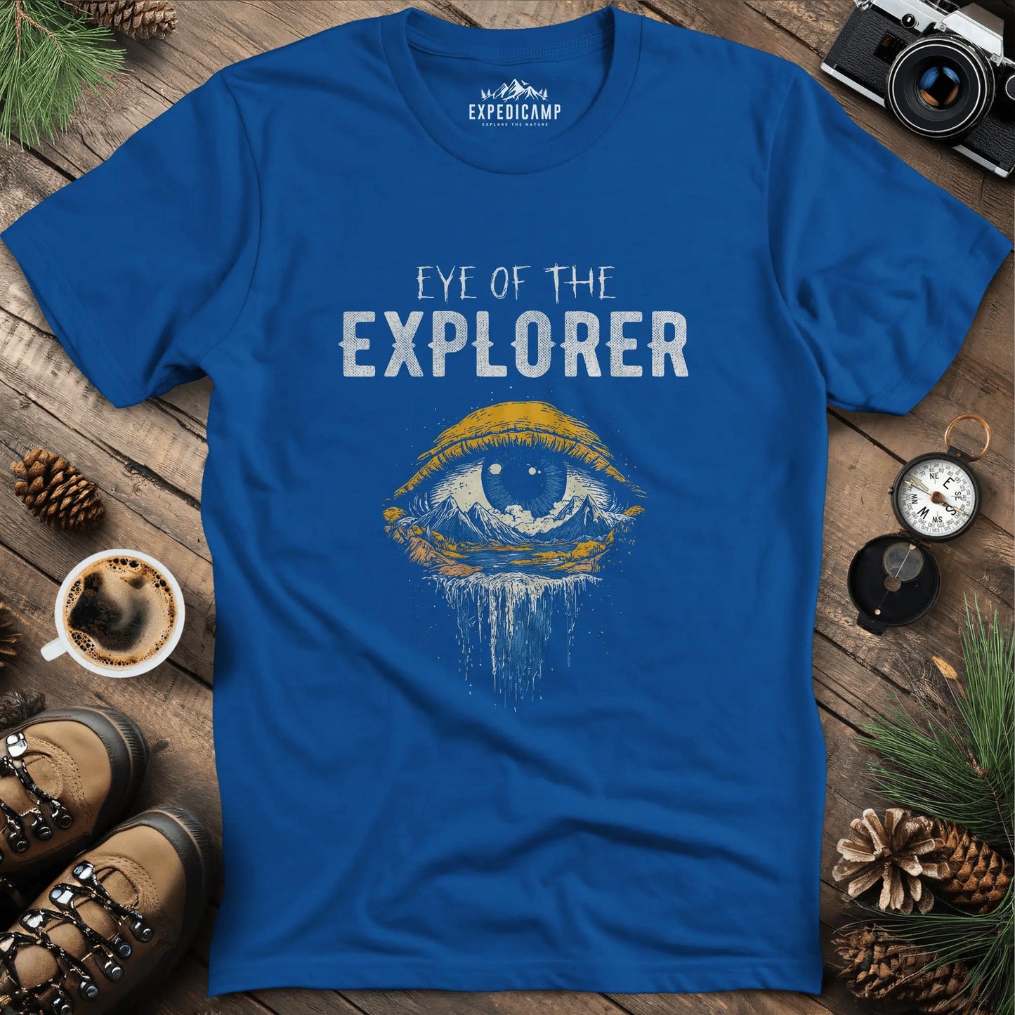 Eye of the Explorer T-Shirt – Royal – Outdoor apparel for travel, hiking, camping, and nature lovers – ExpediCamp