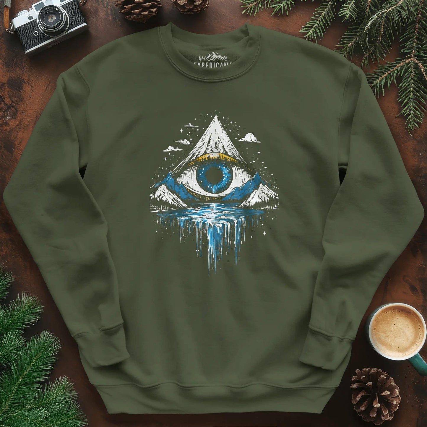 Eye of the Mountain Sweatshirt – Military Green – Outdoor apparel for travel, hiking, camping, and nature lovers – ExpediCamp
