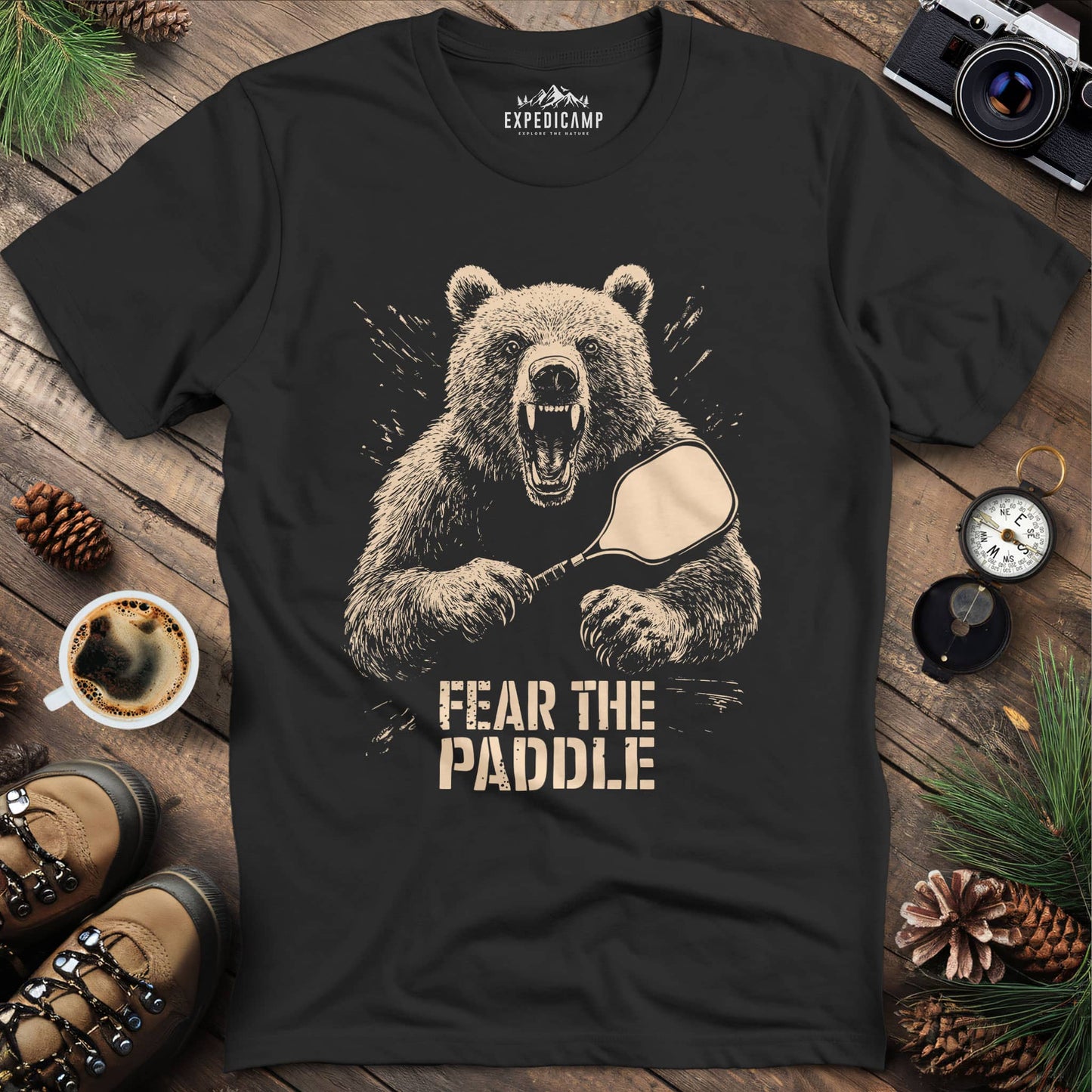 Fear the Paddle Pickleball Bear T-Shirt – Black – Outdoor apparel for travel, hiking, camping, and nature lovers – ExpediCamp