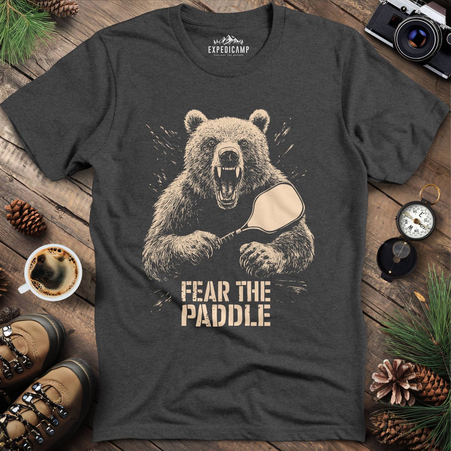 Fear the Paddle Pickleball Bear T-Shirt – Dark Heather – Outdoor apparel for travel, hiking, camping, and nature lovers – ExpediCamp