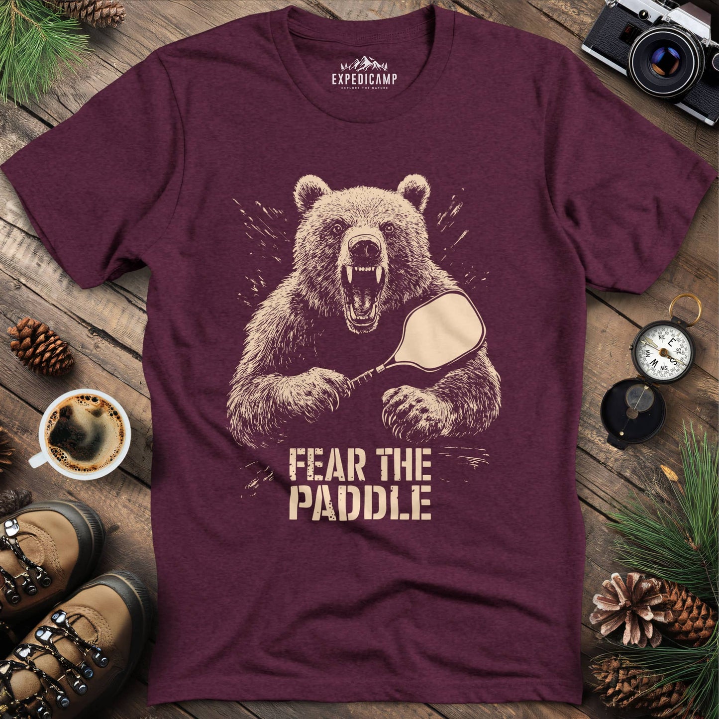Fear the Paddle Pickleball Bear T-Shirt – Heather Maroon – Outdoor apparel for travel, hiking, camping, and nature lovers – ExpediCamp