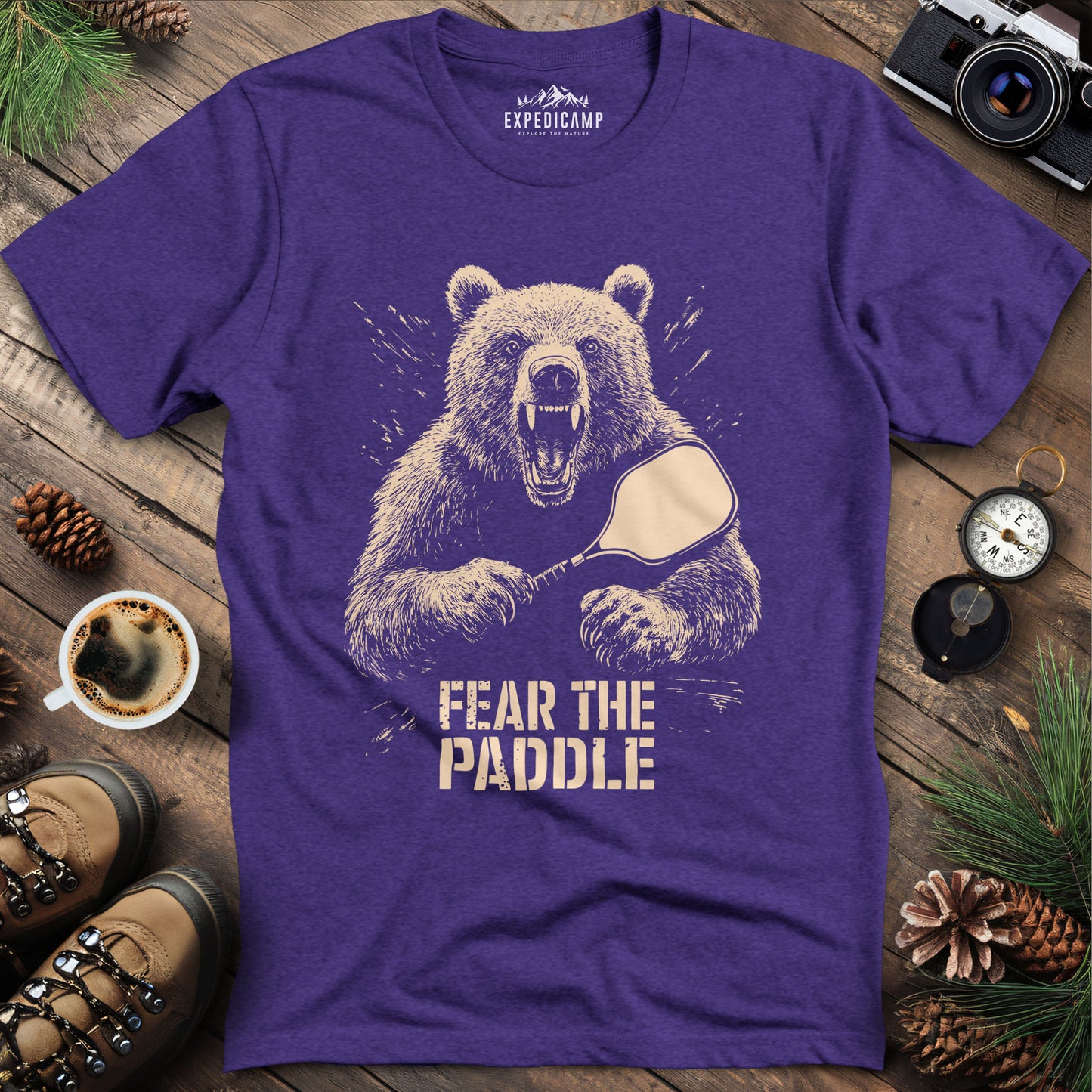 Fear the Paddle Pickleball Bear T-Shirt – Heather Purple – Outdoor apparel for travel, hiking, camping, and nature lovers – ExpediCamp