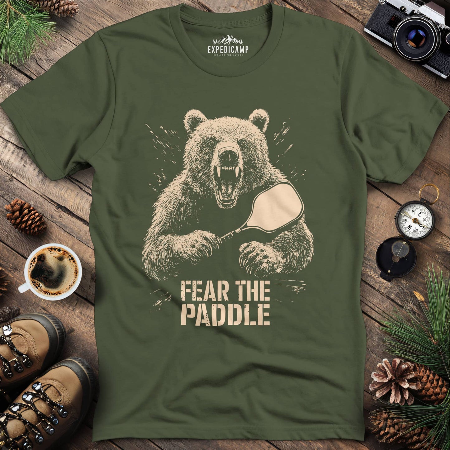 Fear the Paddle Pickleball Bear T-Shirt – Military Green – Outdoor apparel for travel, hiking, camping, and nature lovers – ExpediCamp