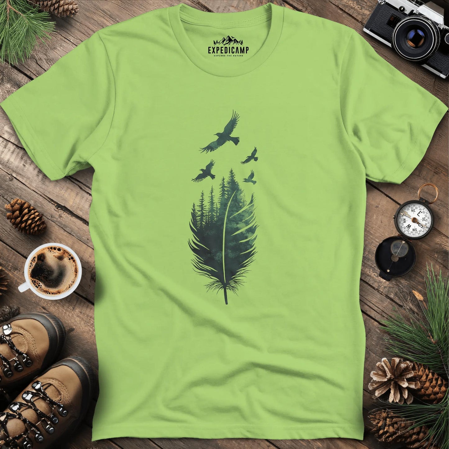 Feathered Forest T-Shirt – Kiwi – Outdoor apparel for travel, hiking, camping, and nature lovers – ExpediCamp