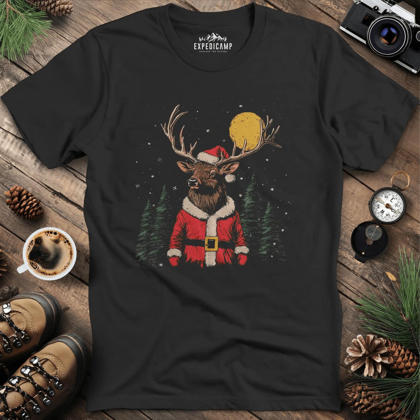 Festive Reindeer T-Shirt – Black – Outdoor apparel for travel, hiking, camping, and nature lovers – ExpediCamp