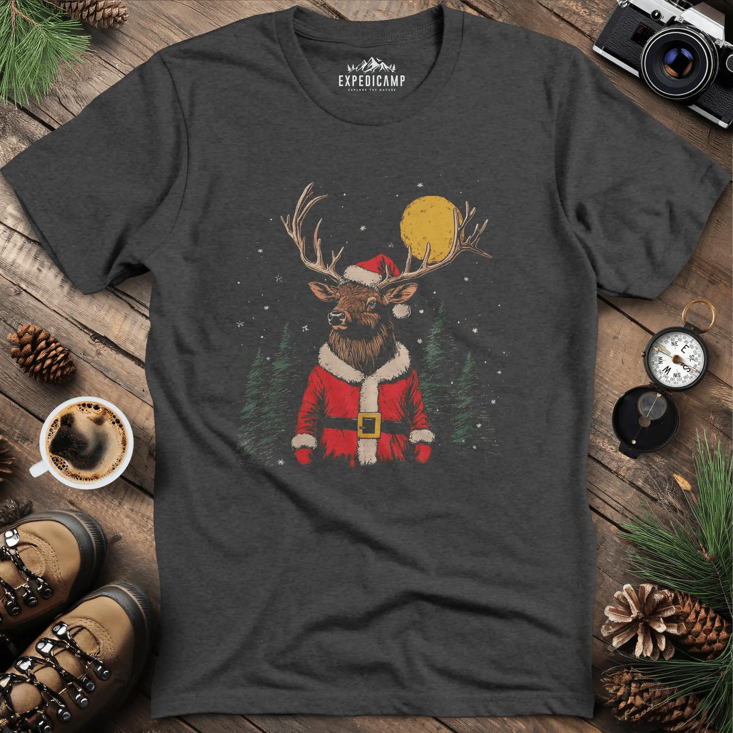 Festive Reindeer T-Shirt – Dark Heather – Outdoor apparel for travel, hiking, camping, and nature lovers – ExpediCamp