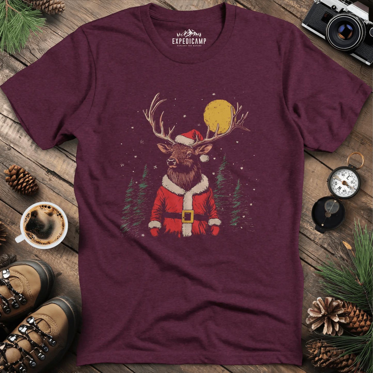 Festive Reindeer T-Shirt – Heather Maroon – Outdoor apparel for travel, hiking, camping, and nature lovers – ExpediCamp
