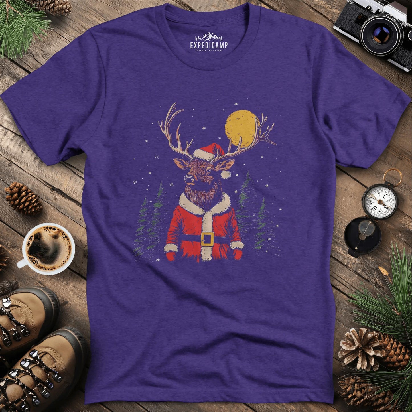 Festive Reindeer T-Shirt – Heather Purple – Outdoor apparel for travel, hiking, camping, and nature lovers – ExpediCamp
