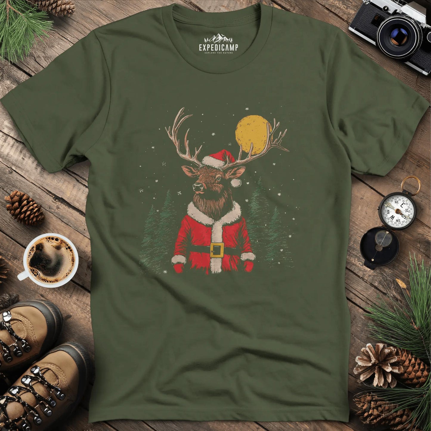Festive Reindeer T-Shirt – Military Green – Outdoor apparel for travel, hiking, camping, and nature lovers – ExpediCamp