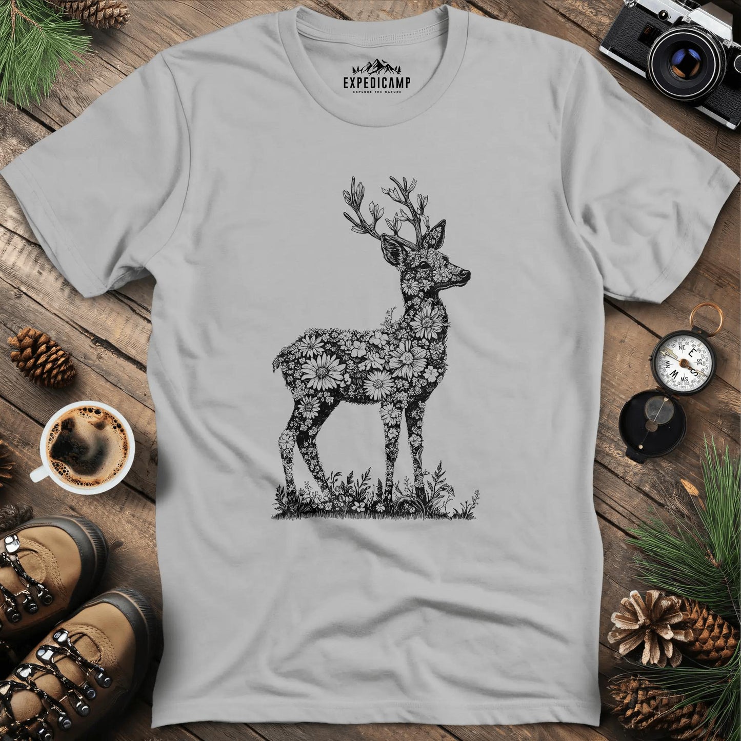 Floral Deer Illustration T-Shirt – Ice Grey – Outdoor apparel for travel, hiking, camping, and nature lovers – ExpediCamp