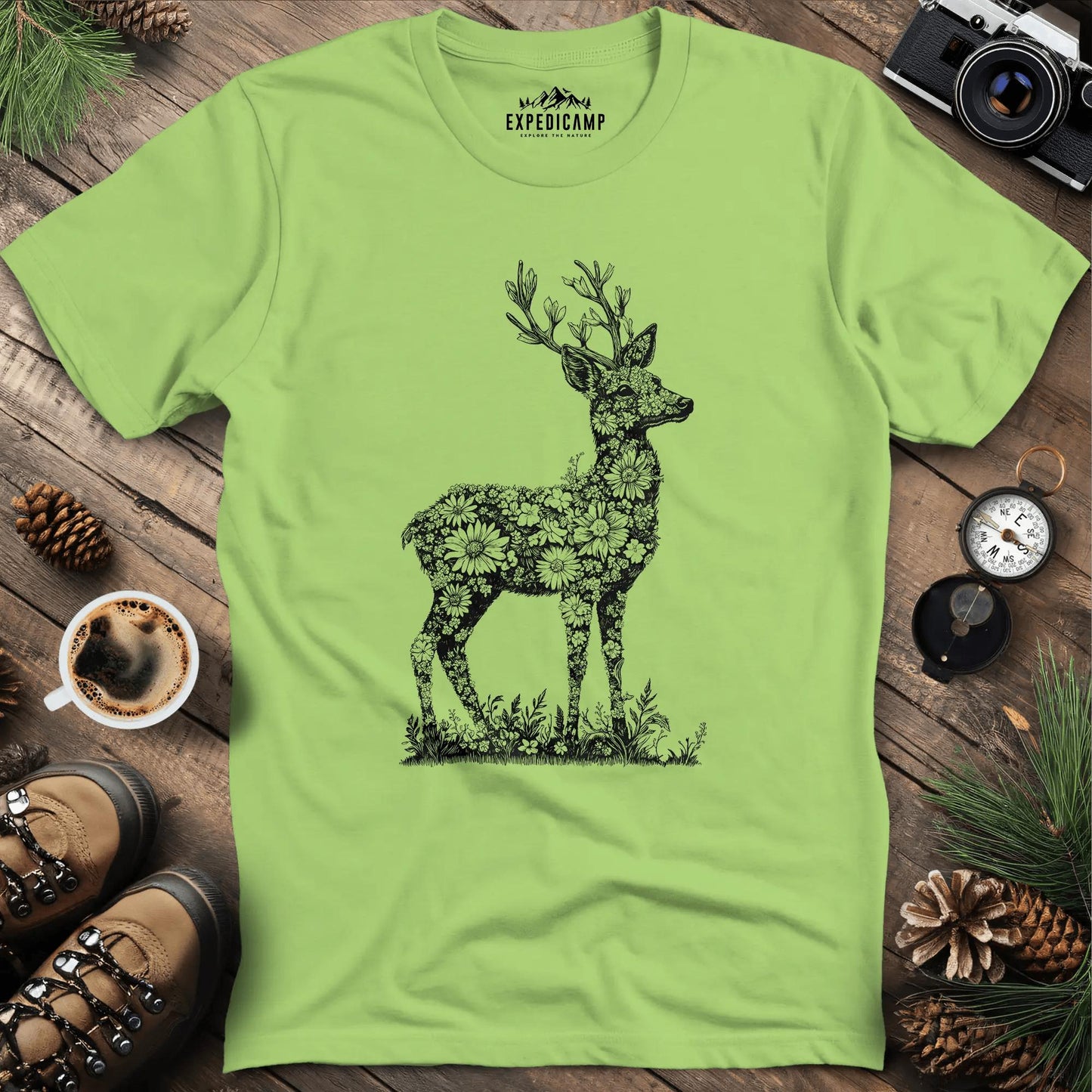 Floral Deer Illustration T-Shirt – Kiwi – Outdoor apparel for travel, hiking, camping, and nature lovers – ExpediCamp