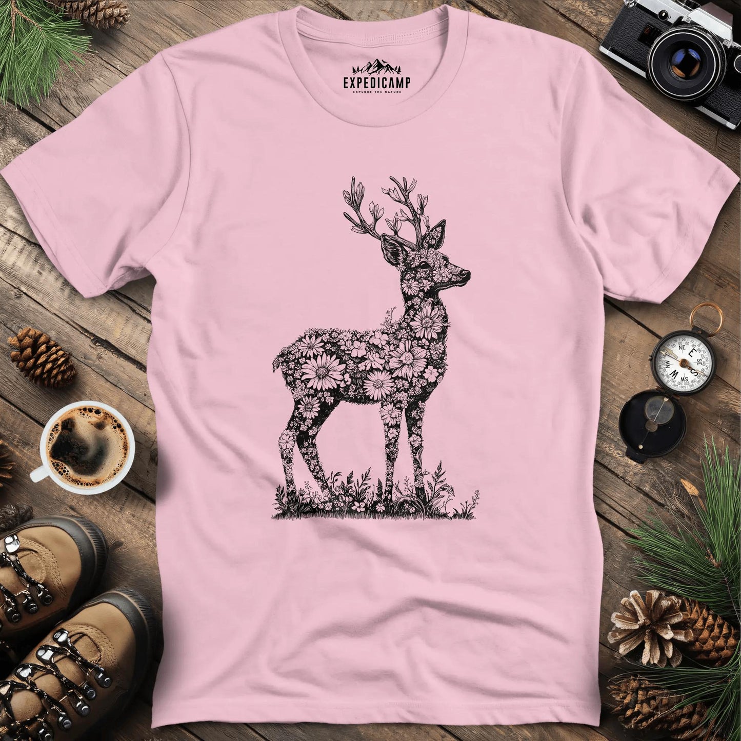 Floral Deer Illustration T-Shirt – Light Pink – Outdoor apparel for travel, hiking, camping, and nature lovers – ExpediCamp