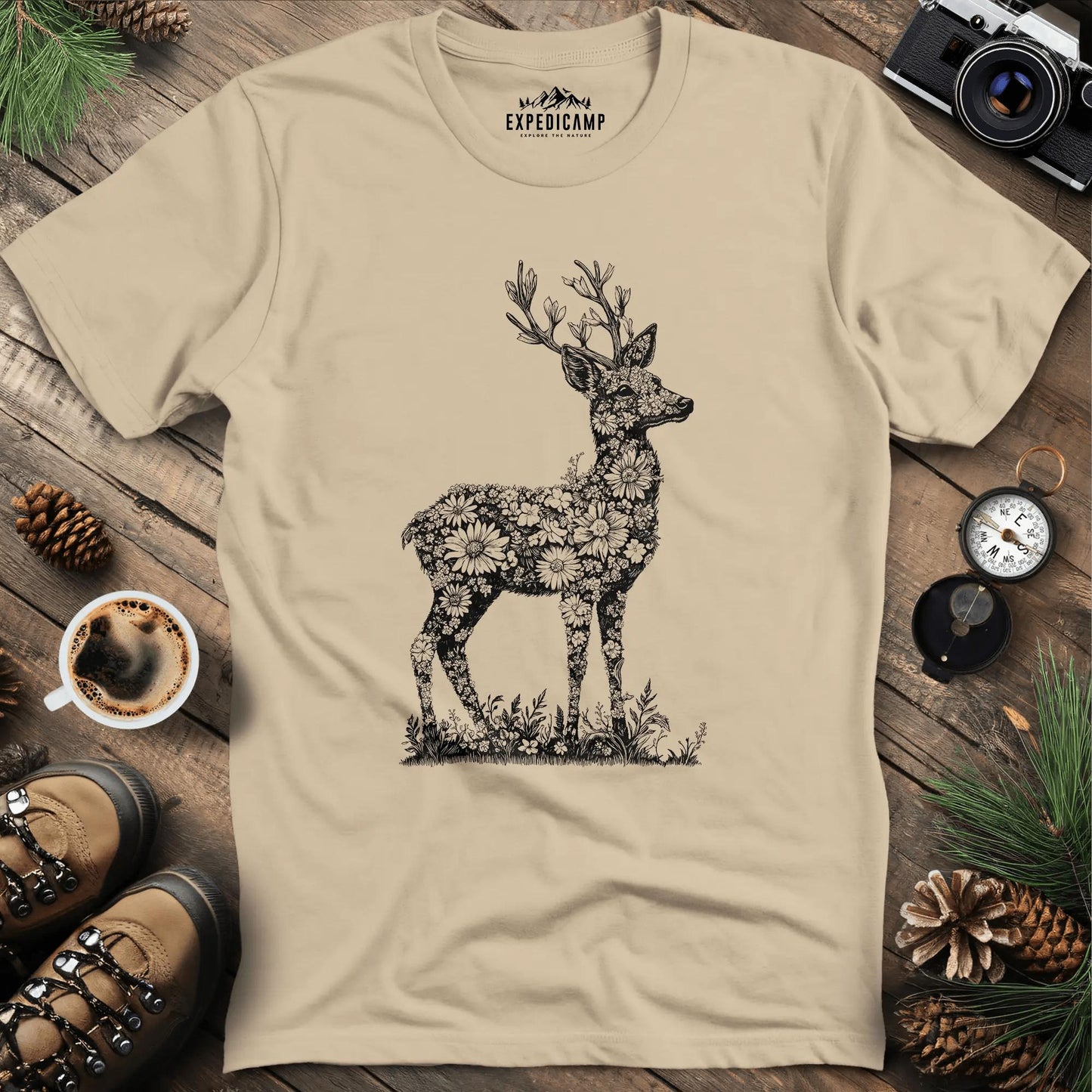 Floral Deer Illustration T-Shirt – Sand – Outdoor apparel for travel, hiking, camping, and nature lovers – ExpediCamp