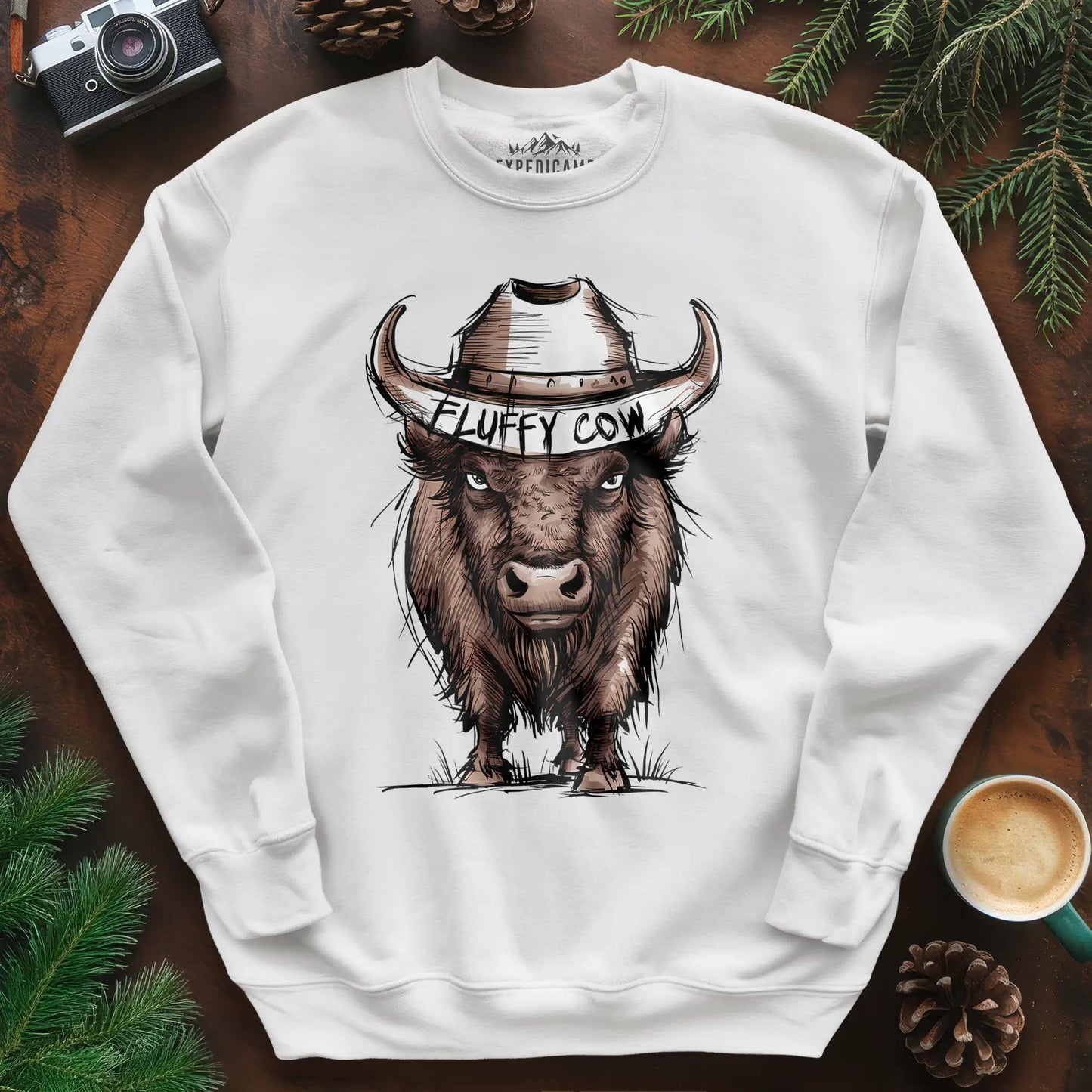 Fluffy Cow Sweatshirt – White – Outdoor apparel for travel, hiking, camping, and nature lovers – ExpediCamp