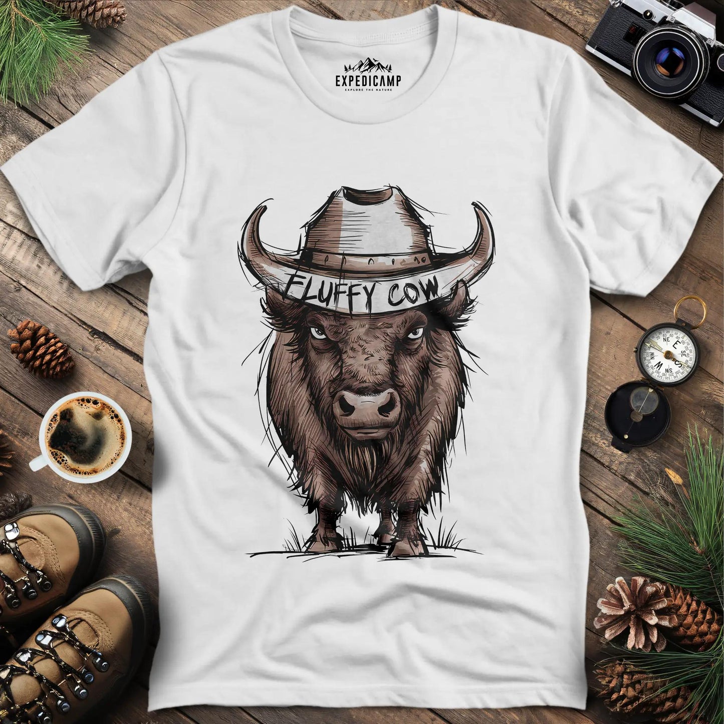 Fluffy Cow T-Shirt – White – Outdoor apparel for travel, hiking, camping, and nature lovers – ExpediCamp