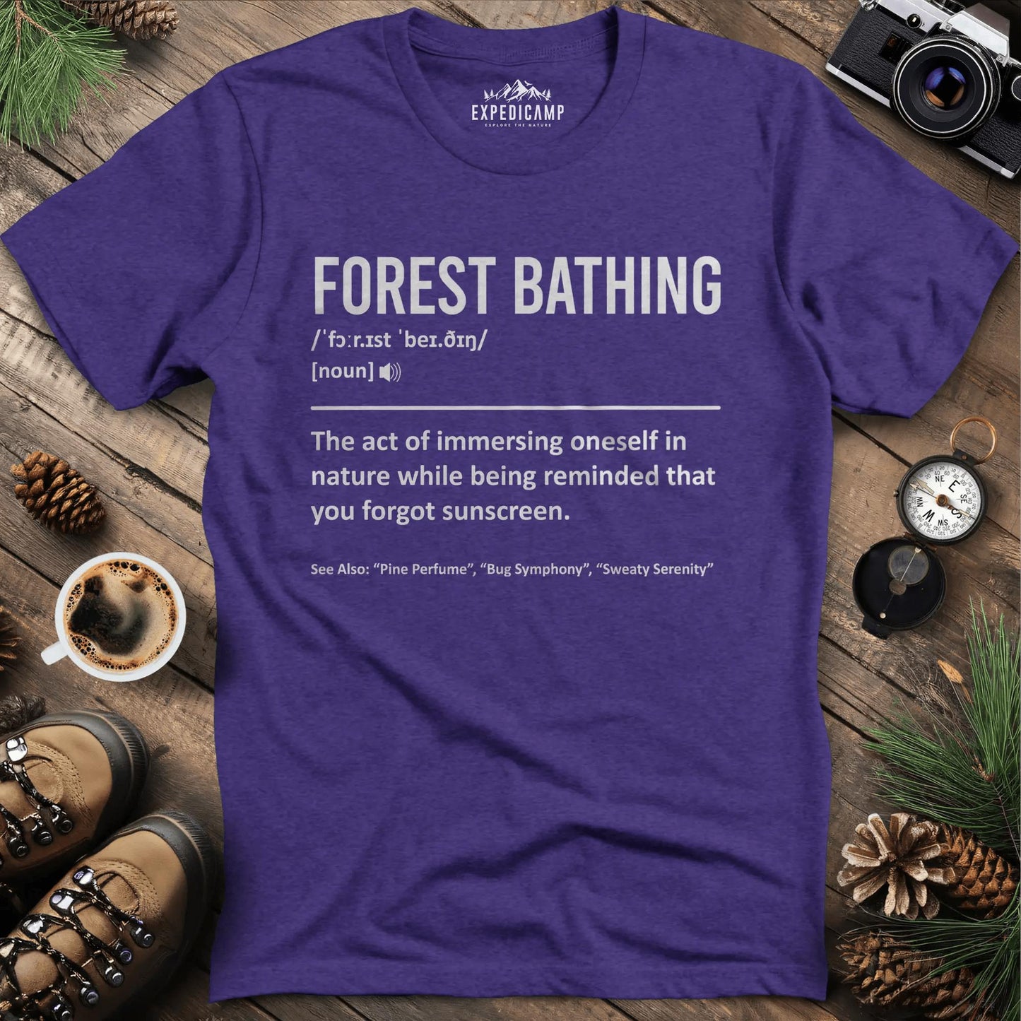 Forest Bathing Definition T-Shirt – Heather Purple – Outdoor apparel for travel, hiking, camping, and nature lovers – ExpediCamp
