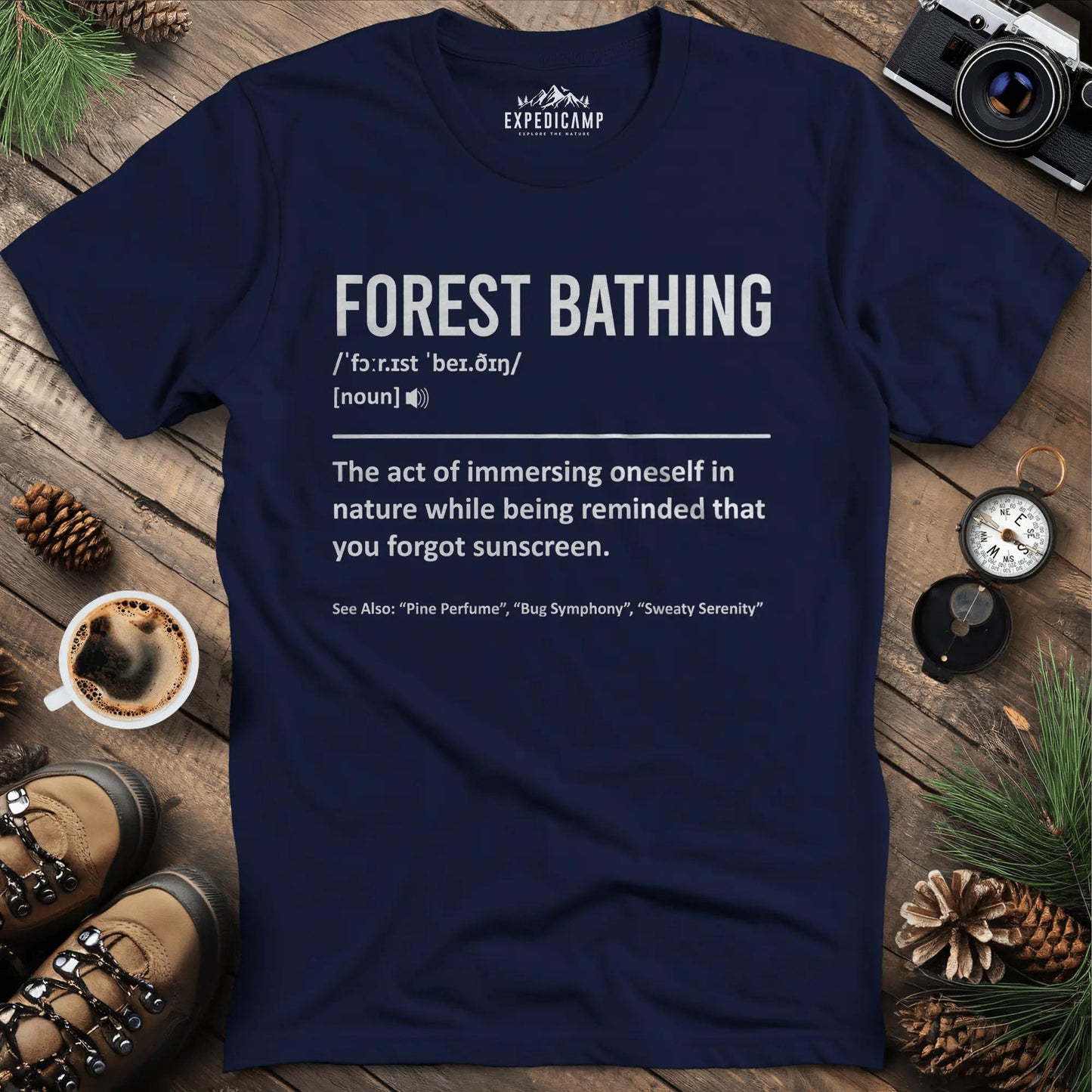 Forest Bathing Definition T-Shirt – Navy – Outdoor apparel for travel, hiking, camping, and nature lovers – ExpediCamp