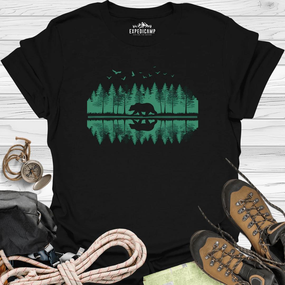 Forest Bear Trees Mirror View T-Shirt – Black – Outdoor apparel for travel, hiking, camping, and nature lovers – ExpediCamp