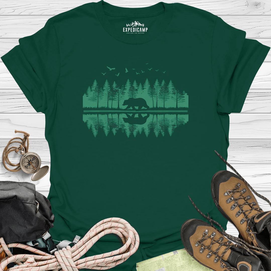 Forest Bear Trees Mirror View T-Shirt – Forest Green – Outdoor apparel for travel, hiking, camping, and nature lovers – ExpediCamp