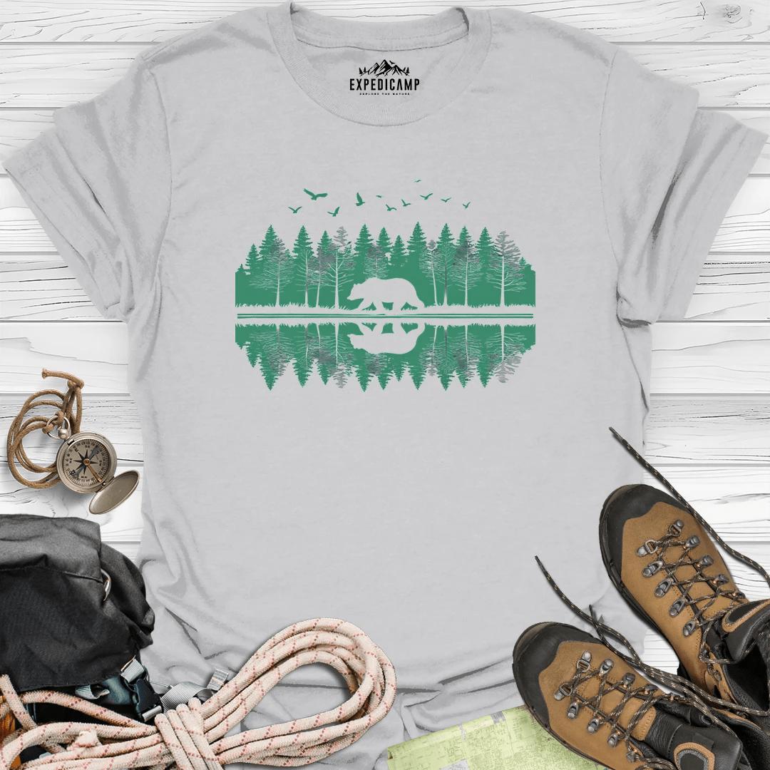 Forest Bear Trees Mirror View T-Shirt – Ice Grey – Outdoor apparel for travel, hiking, camping, and nature lovers – ExpediCamp