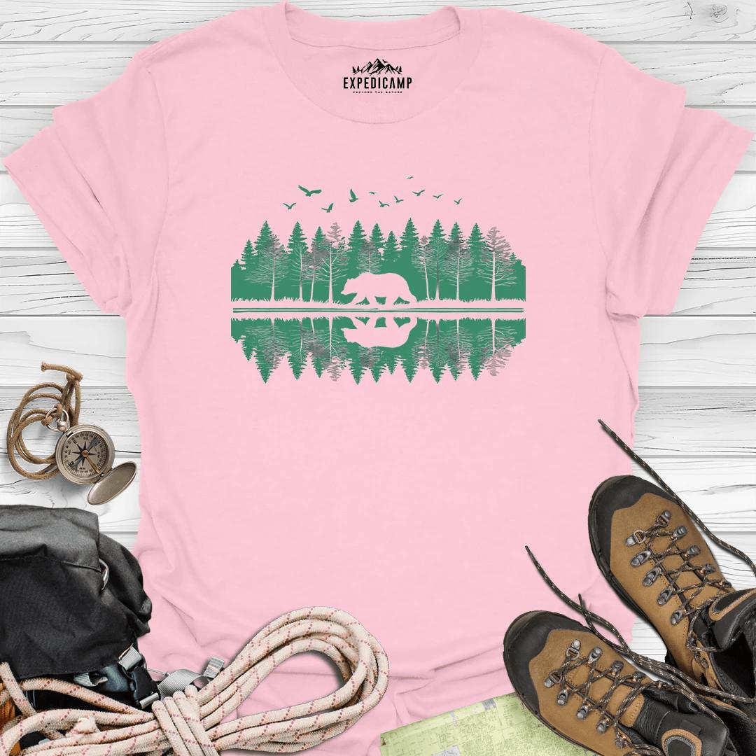 Forest Bear Trees Mirror View T-Shirt – Light Pink – Outdoor apparel for travel, hiking, camping, and nature lovers – ExpediCamp
