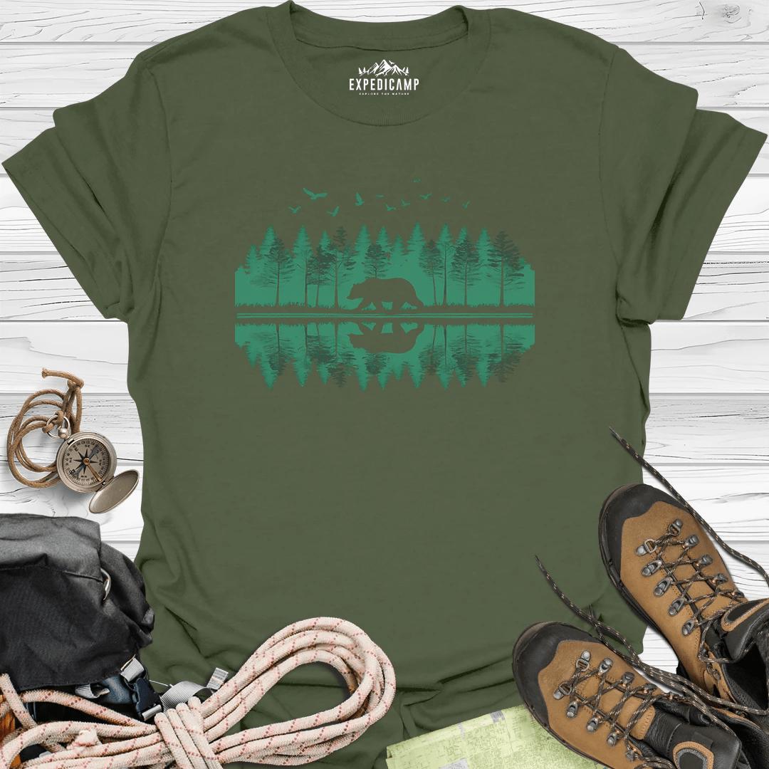 Forest Bear Trees Mirror View T-Shirt – Military Green – Outdoor apparel for travel, hiking, camping, and nature lovers – ExpediCamp