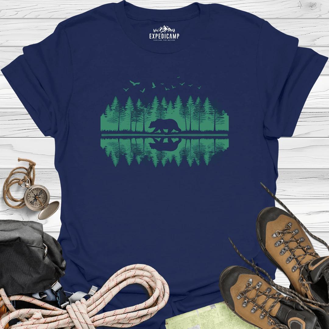 Forest Bear Trees Mirror View T-Shirt – Navy – Outdoor apparel for travel, hiking, camping, and nature lovers – ExpediCamp