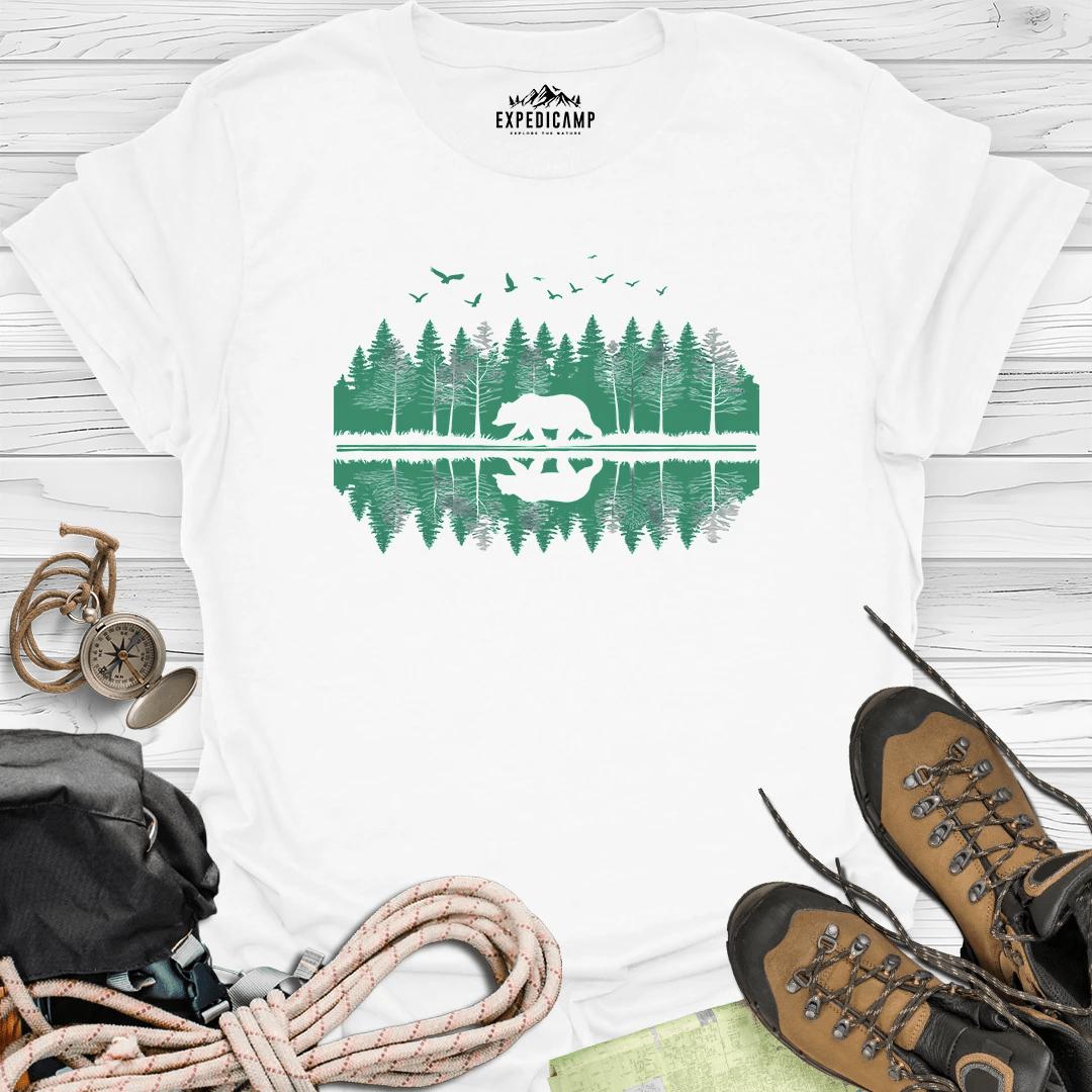 Forest Bear Trees Mirror View T-Shirt – White – Outdoor apparel for travel, hiking, camping, and nature lovers – ExpediCamp