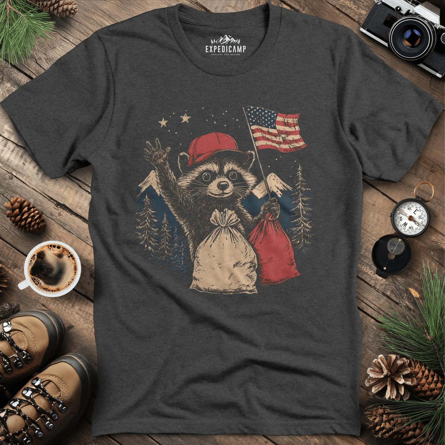 Forest Patriot Fred T-Shirt - Honoring Our Wildlife Heroes – Dark Heather – Outdoor apparel for travel, hiking, camping, and nature lovers – ExpediCamp