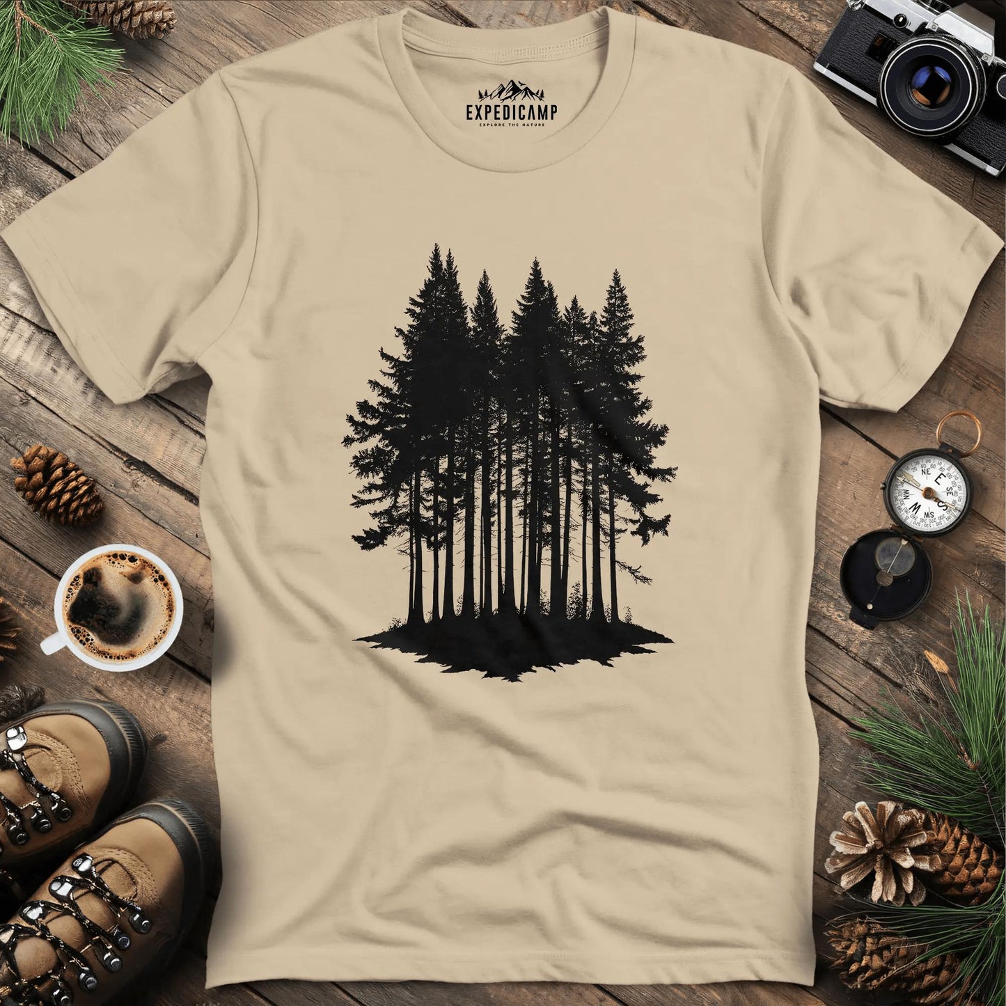 Forest Silhouette T-Shirt – Sand – Outdoor apparel for travel, hiking, camping, and nature lovers – ExpediCamp