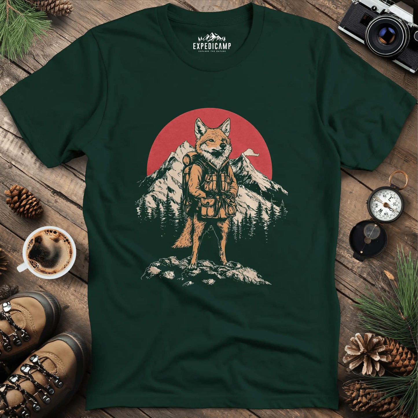 Fox Hiker T-Shirt – Clever Explorer – Forest Green – Outdoor apparel for travel, hiking, camping, and nature lovers – ExpediCamp
