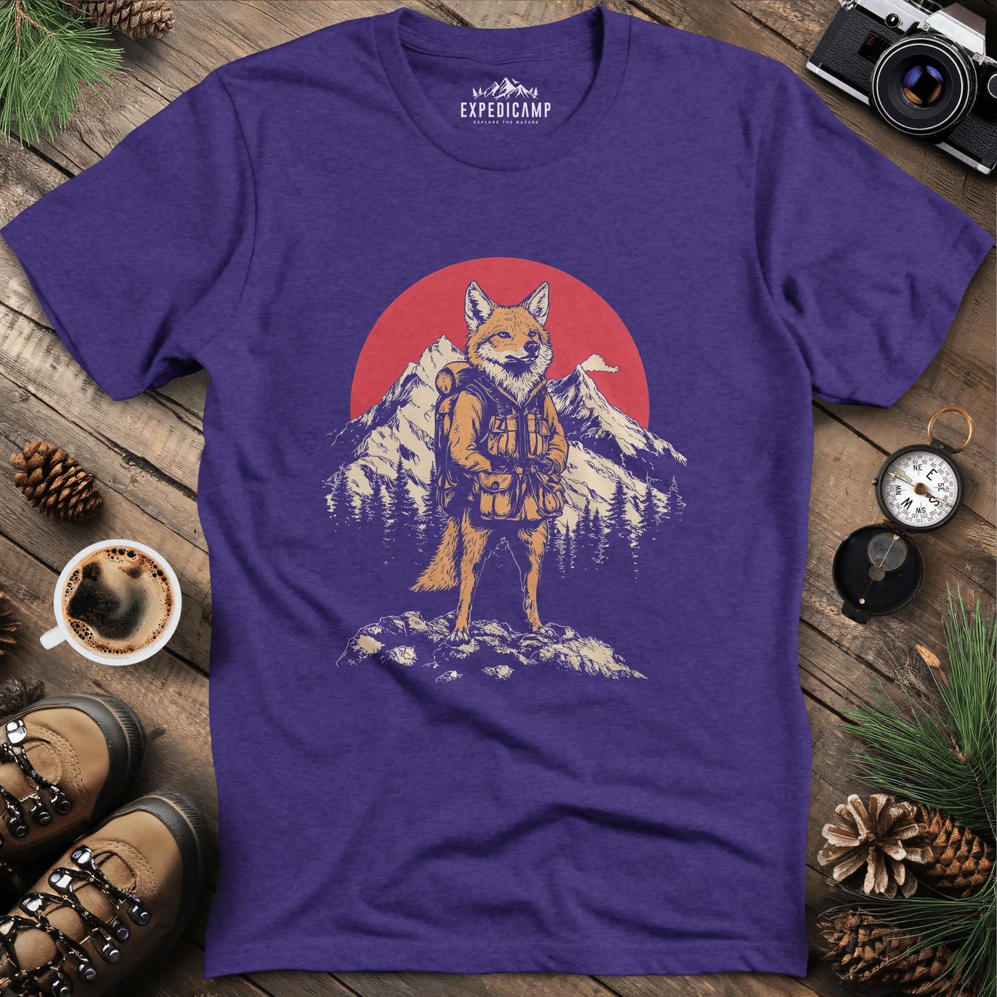 Fox Hiker T-Shirt – Clever Explorer – Heather Purple – Outdoor apparel for travel, hiking, camping, and nature lovers – ExpediCamp