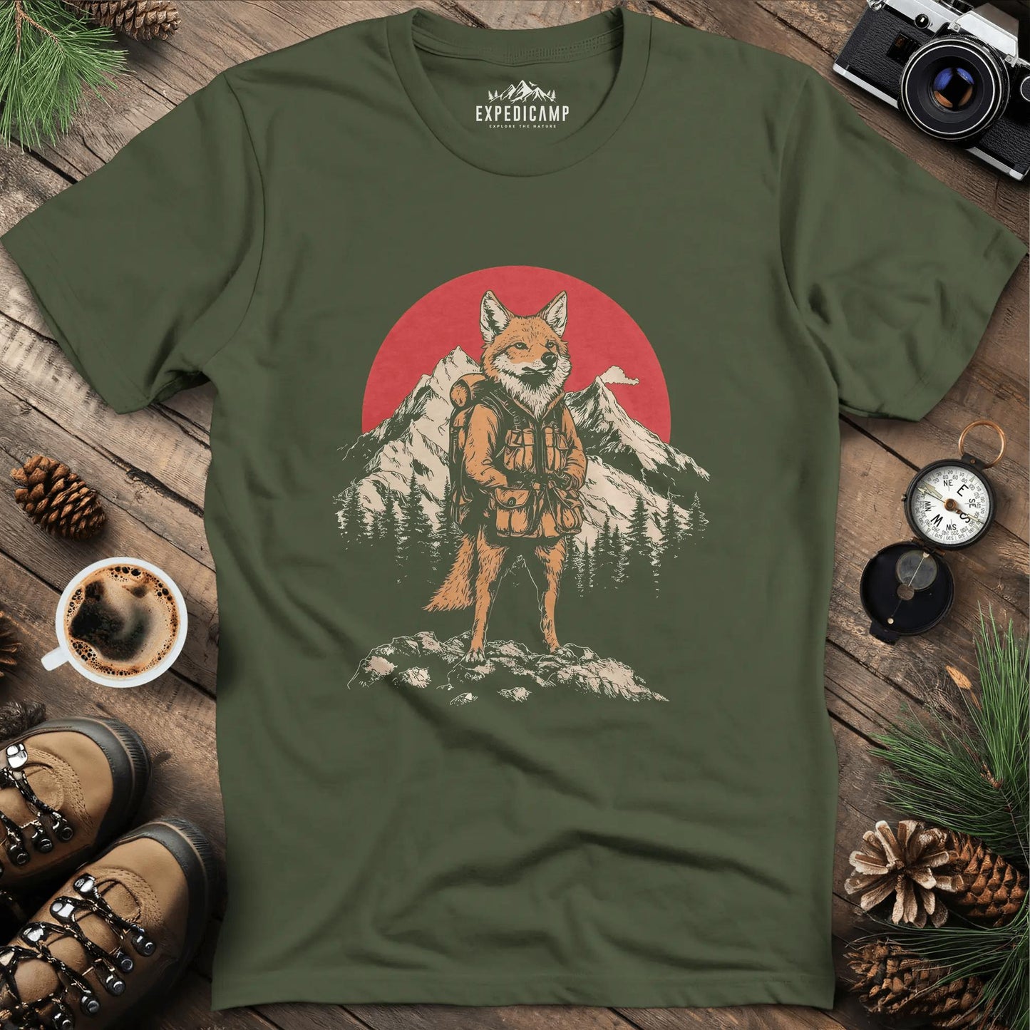 Fox Hiker T-Shirt – Clever Explorer – Military Green – Outdoor apparel for travel, hiking, camping, and nature lovers – ExpediCamp