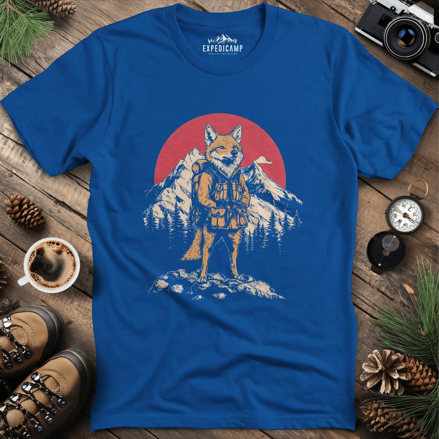 Fox Hiker T-Shirt – Clever Explorer – Royal – Outdoor apparel for travel, hiking, camping, and nature lovers – ExpediCamp
