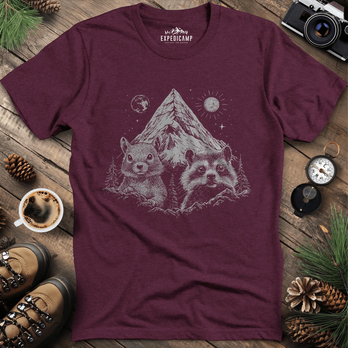 Fred & Peanut Mountain T-Shirt - Wildlife Friends Forever – Heather Maroon – Outdoor apparel for travel, hiking, camping, and nature lovers – ExpediCamp
