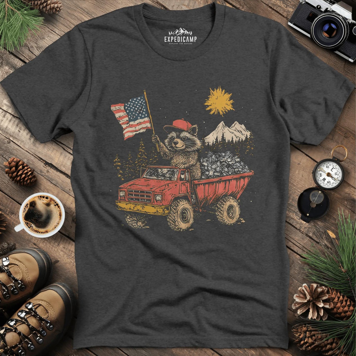 Fred the Raccoon T-Shirt - Celebrating the Spirit of the Forest – Dark Heather – Outdoor apparel for travel, hiking, camping, and nature lovers – ExpediCamp