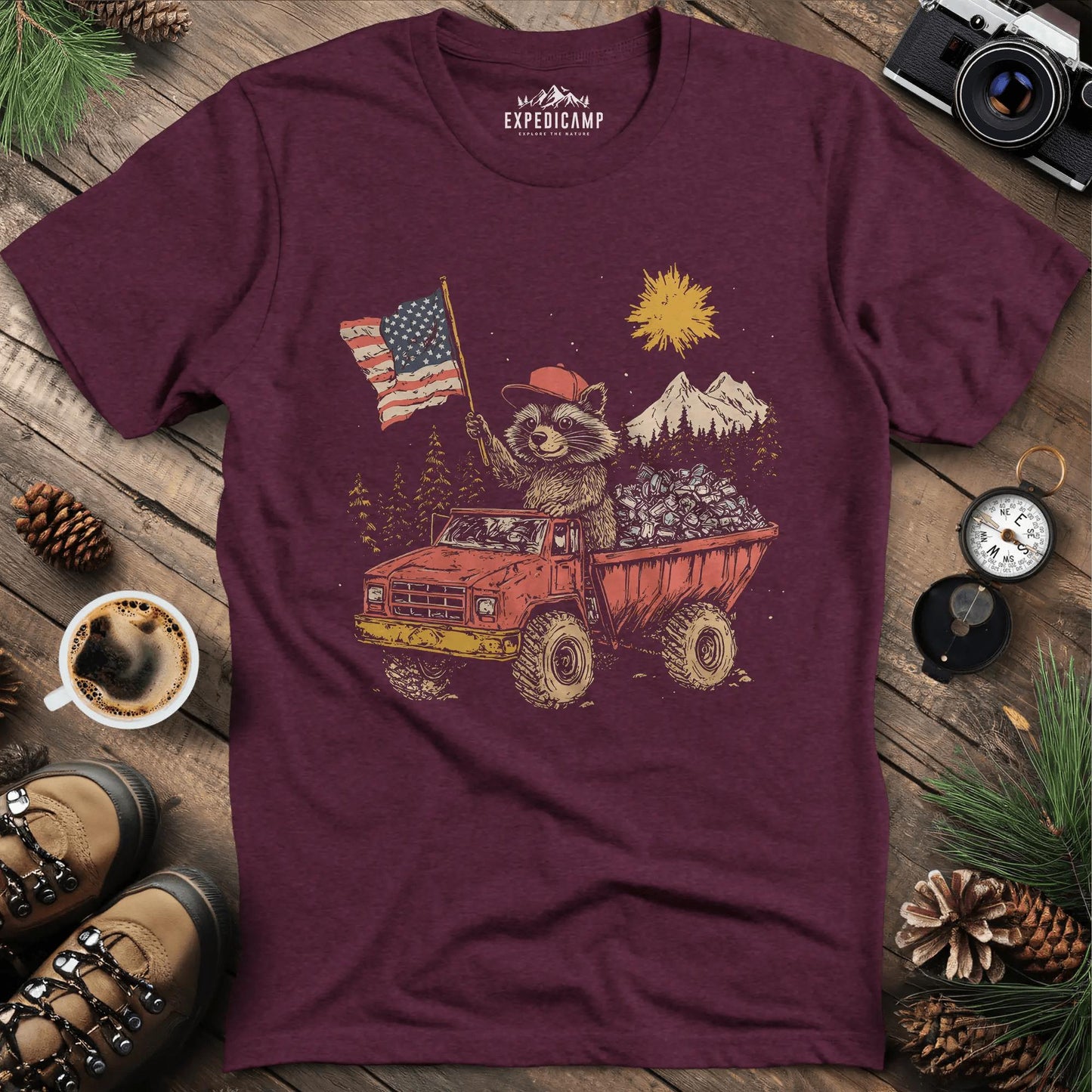 Fred the Raccoon T-Shirt - Celebrating the Spirit of the Forest – Heather Maroon – Outdoor apparel for travel, hiking, camping, and nature lovers – ExpediCamp