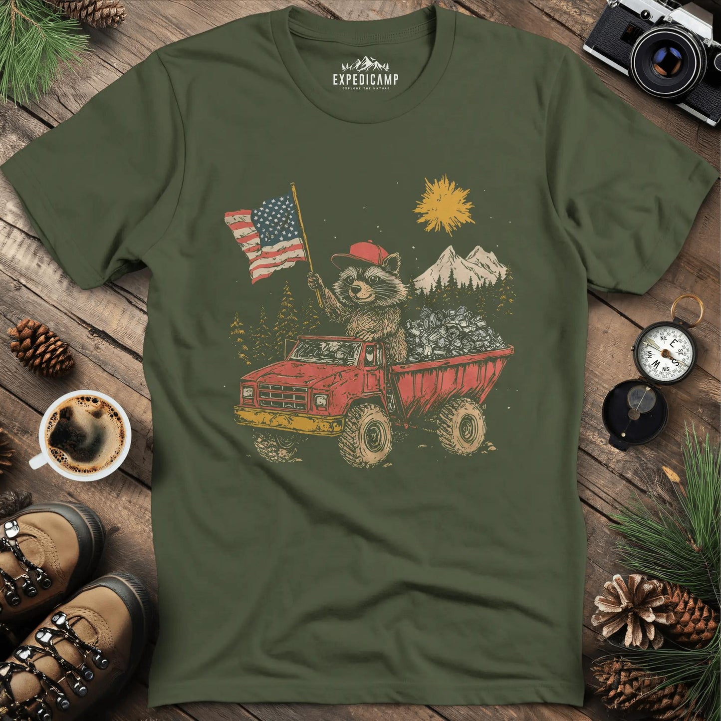 Fred the Raccoon T-Shirt - Celebrating the Spirit of the Forest – Military Green – Outdoor apparel for travel, hiking, camping, and nature lovers – ExpediCamp