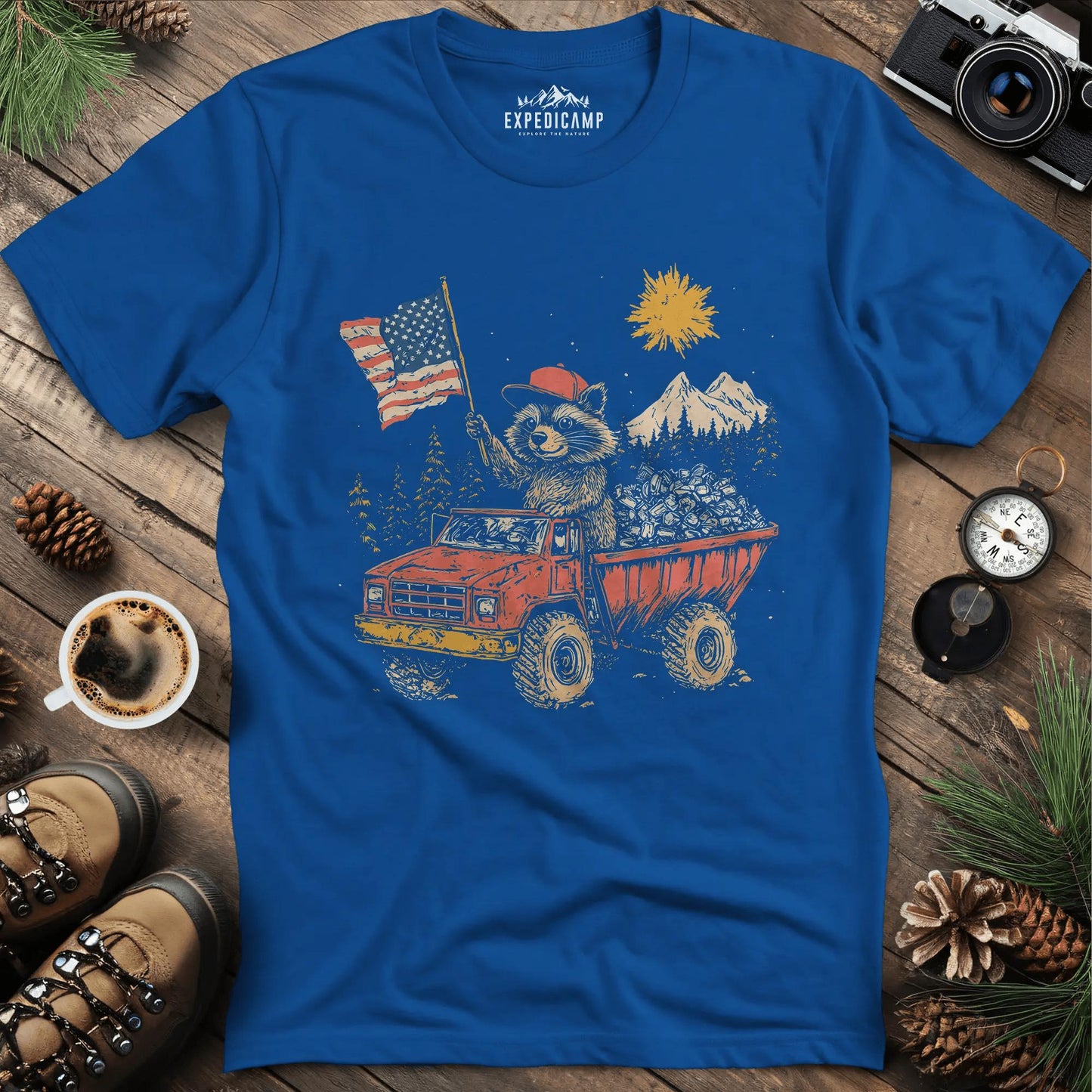 Fred the Raccoon T-Shirt - Celebrating the Spirit of the Forest – Royal – Outdoor apparel for travel, hiking, camping, and nature lovers – ExpediCamp