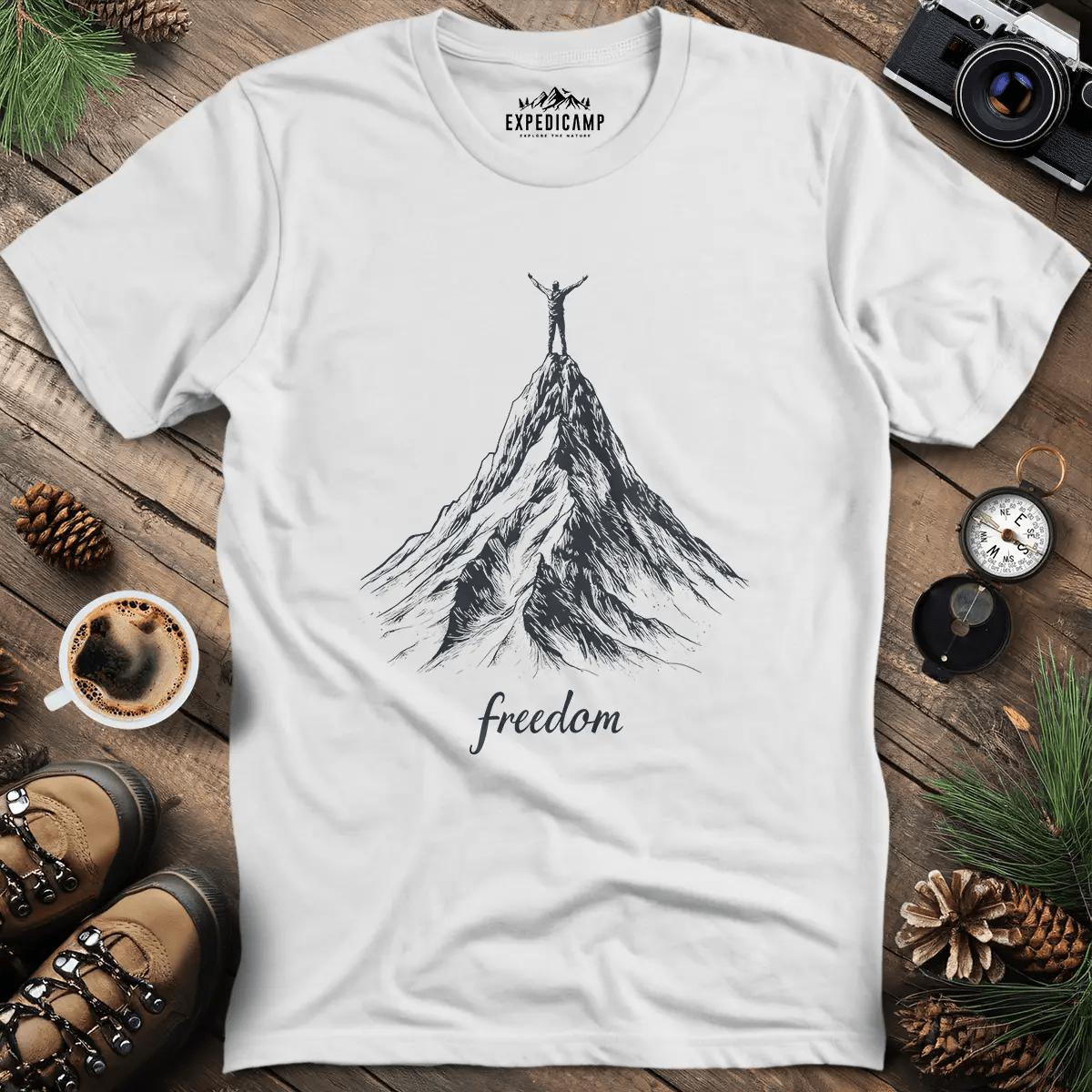 Freedom on the Mountain Peak T-Shirt – White – Outdoor apparel for travel, hiking, camping, and nature lovers – ExpediCamp