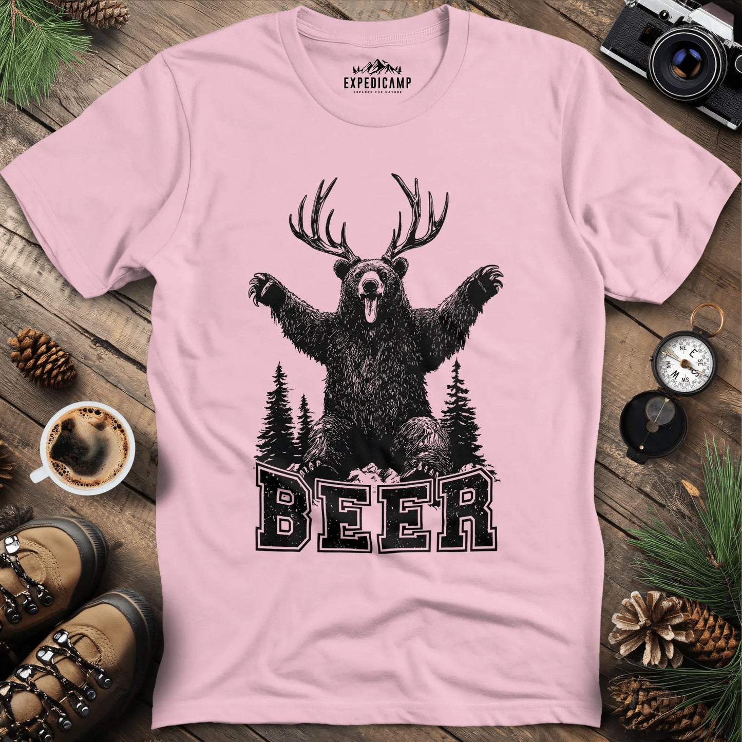 Funny Bear Beer Deer T-Shirt – Light Pink – Outdoor apparel for travel, hiking, camping, and nature lovers – ExpediCamp