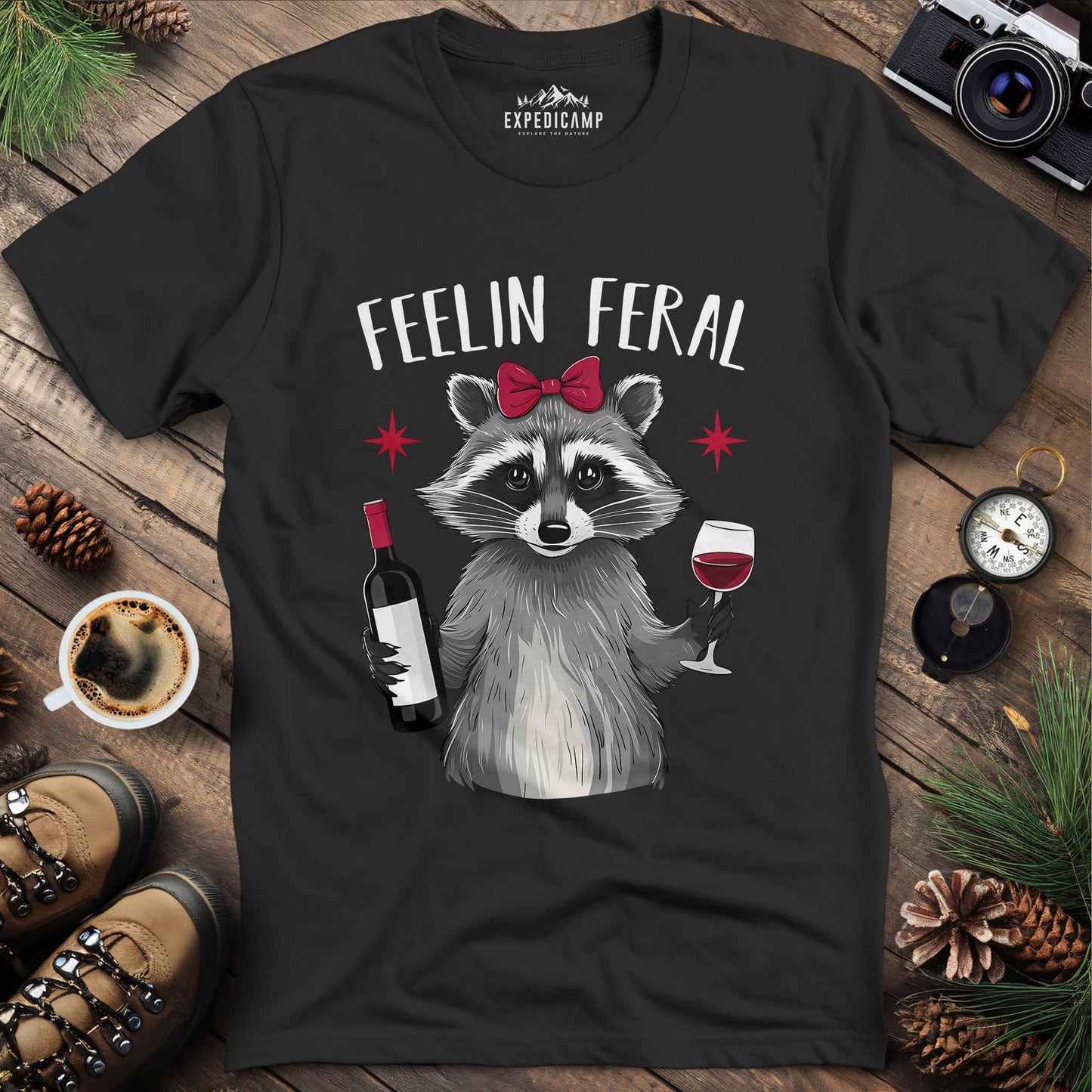 Funny Feelin Feral Raccoon T-Shirt – Black – Outdoor apparel for travel, hiking, camping, and nature lovers – ExpediCamp