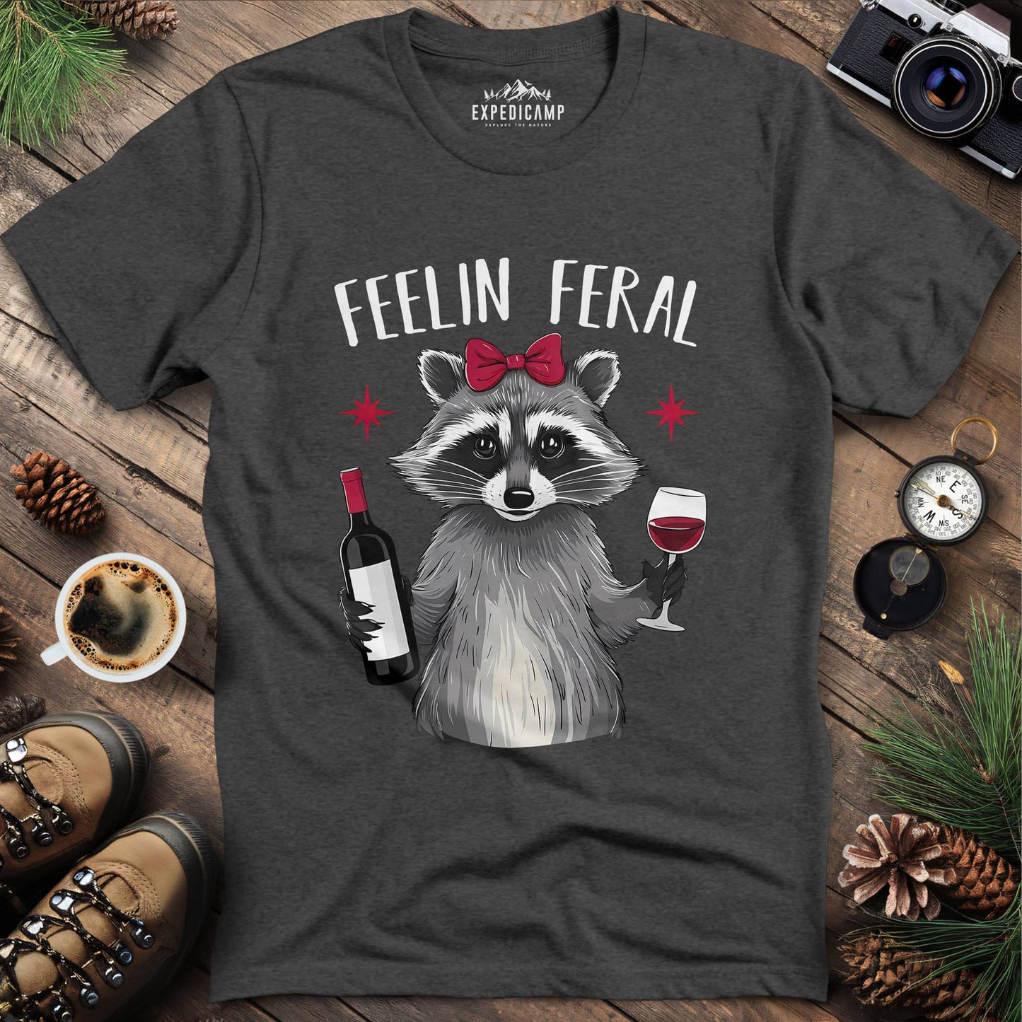 Funny Feelin Feral Raccoon T-Shirt – Dark Heather – Outdoor apparel for travel, hiking, camping, and nature lovers – ExpediCamp