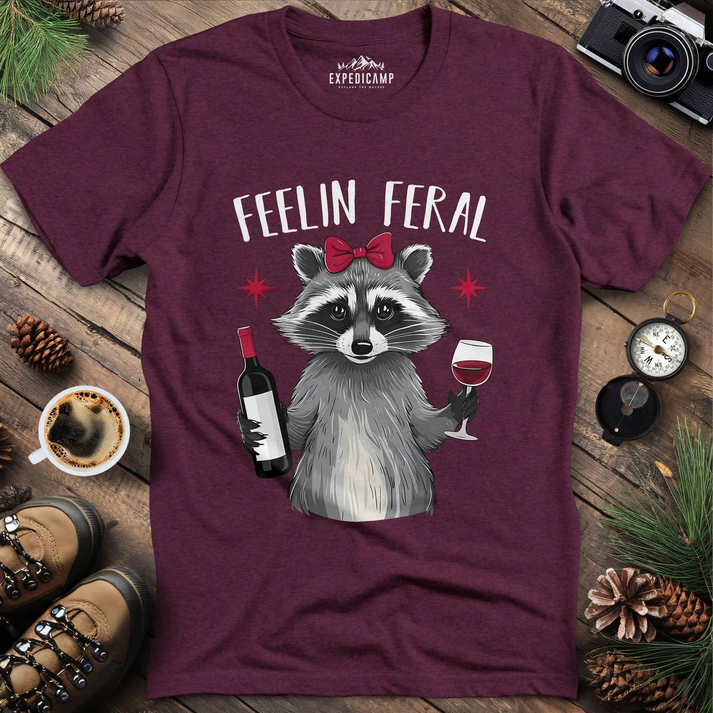 Funny Feelin Feral Raccoon T-Shirt – Heather Maroon – Outdoor apparel for travel, hiking, camping, and nature lovers – ExpediCamp