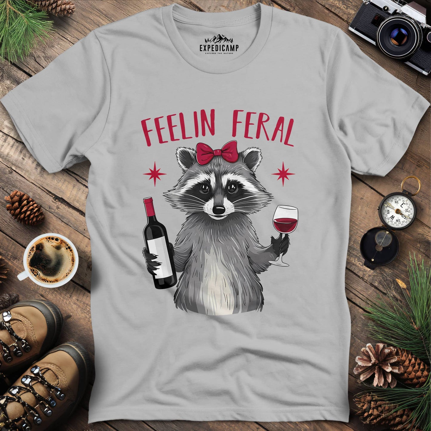 Funny Feelin Feral Raccoon T-Shirt – Ice Grey – Outdoor apparel for travel, hiking, camping, and nature lovers – ExpediCamp