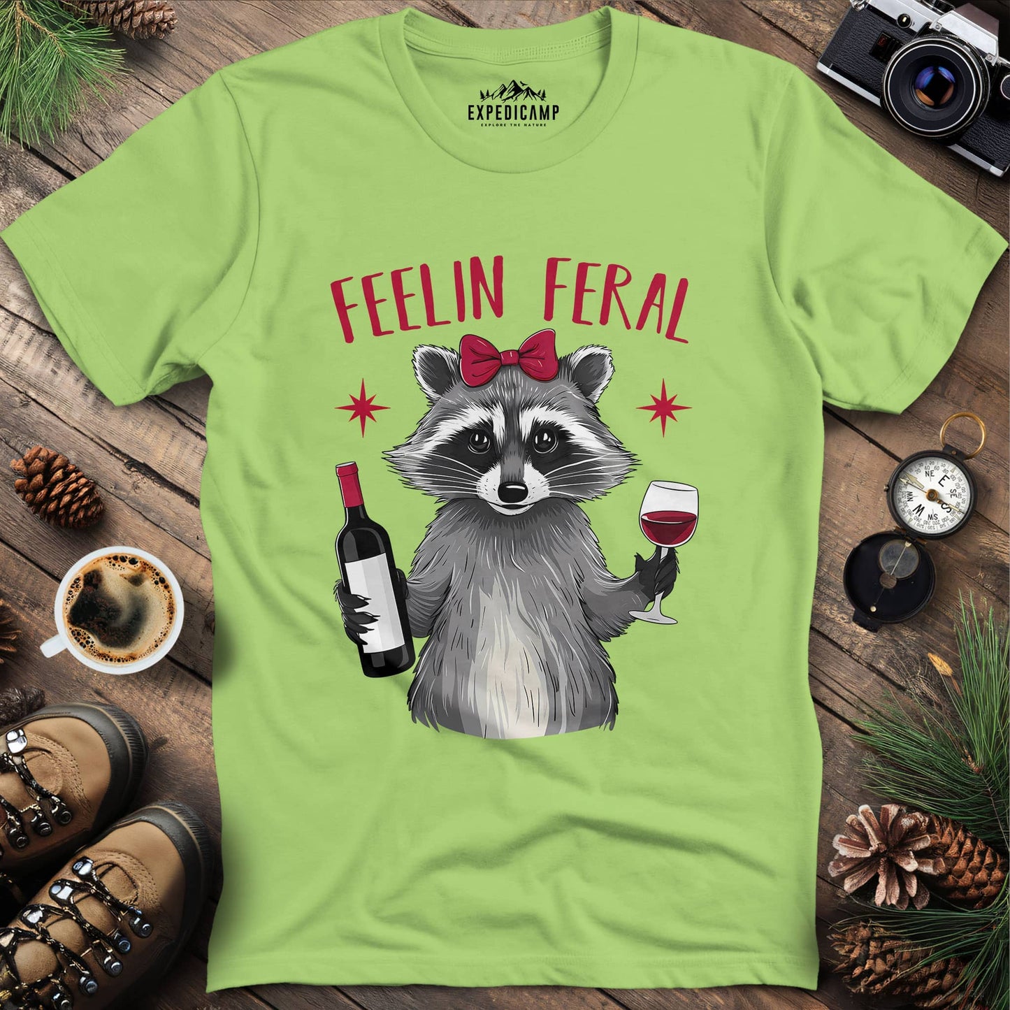 Funny Feelin Feral Raccoon T-Shirt – Kiwi – Outdoor apparel for travel, hiking, camping, and nature lovers – ExpediCamp