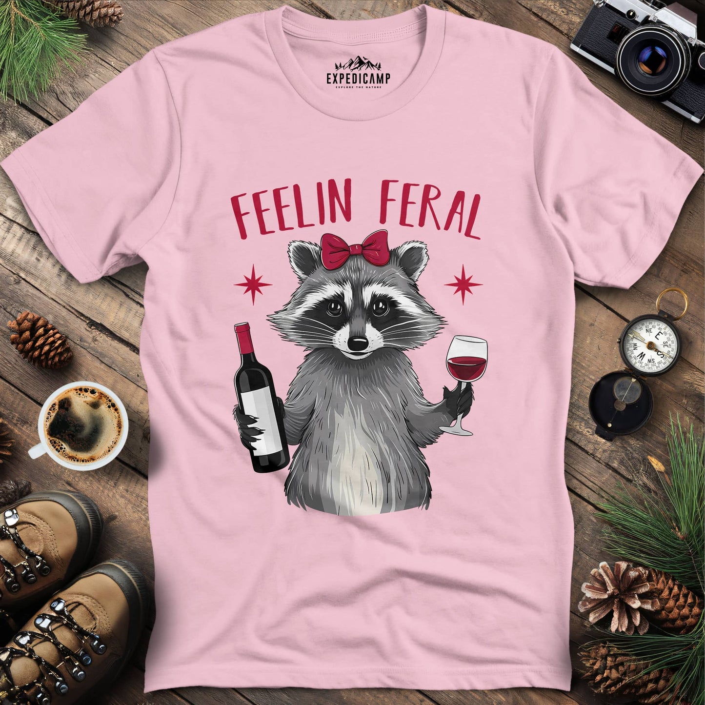 Funny Feelin Feral Raccoon T-Shirt – Light Pink – Outdoor apparel for travel, hiking, camping, and nature lovers – ExpediCamp