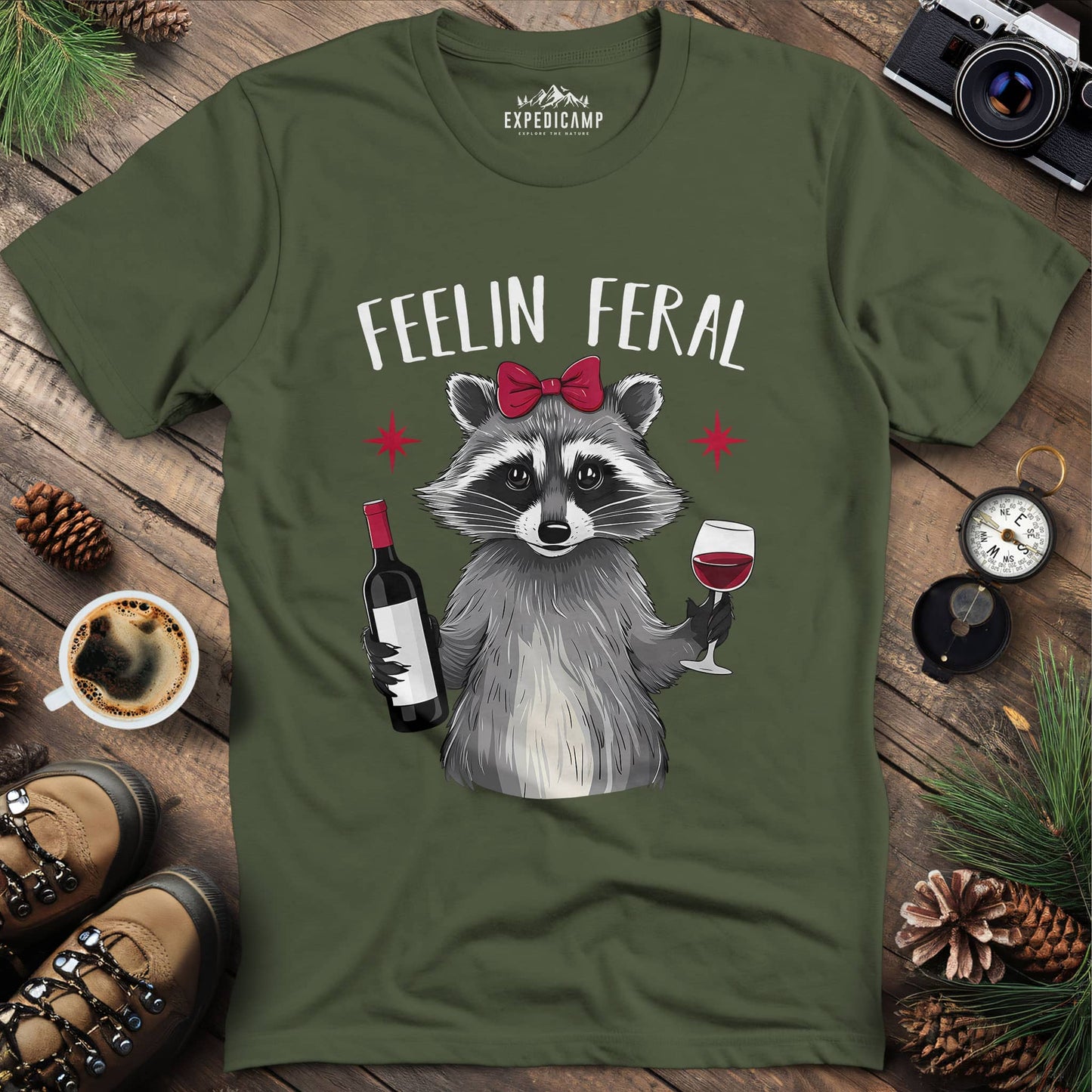 Funny Feelin Feral Raccoon T-Shirt – Military Green – Outdoor apparel for travel, hiking, camping, and nature lovers – ExpediCamp