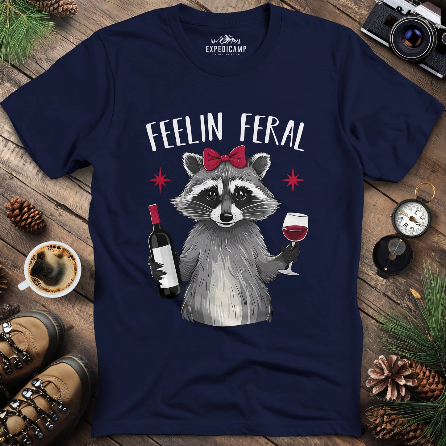 Funny Feelin Feral Raccoon T-Shirt – Navy – Outdoor apparel for travel, hiking, camping, and nature lovers – ExpediCamp